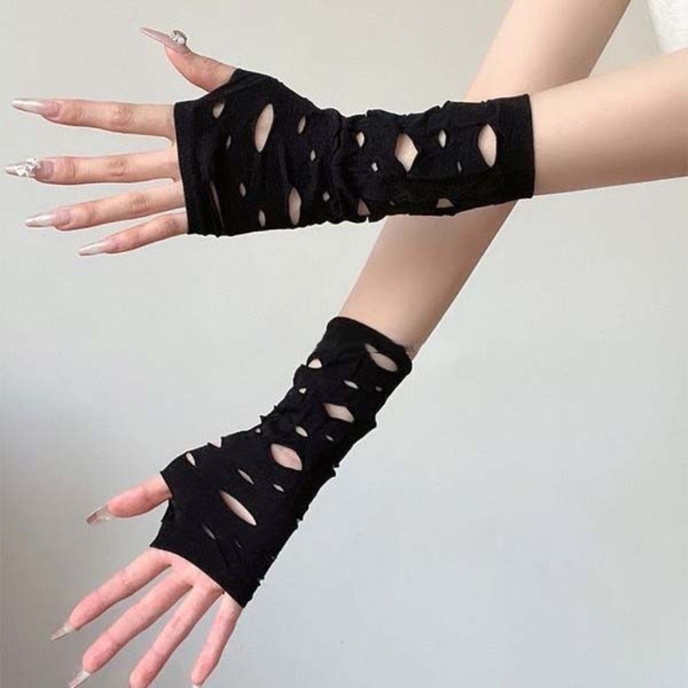 Fingerless Glove Knit - 슬리브 커버 찢어진 팔 워머 블랙
