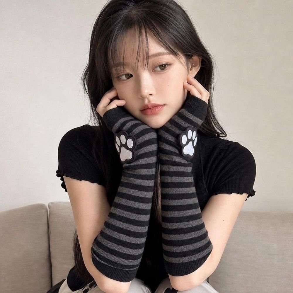 귀여운 고양이 발톱 줄무늬 패턴 핑거리스 장갑 블랙 롱 - Fingerless Glove Knit 리뷰 및 가격